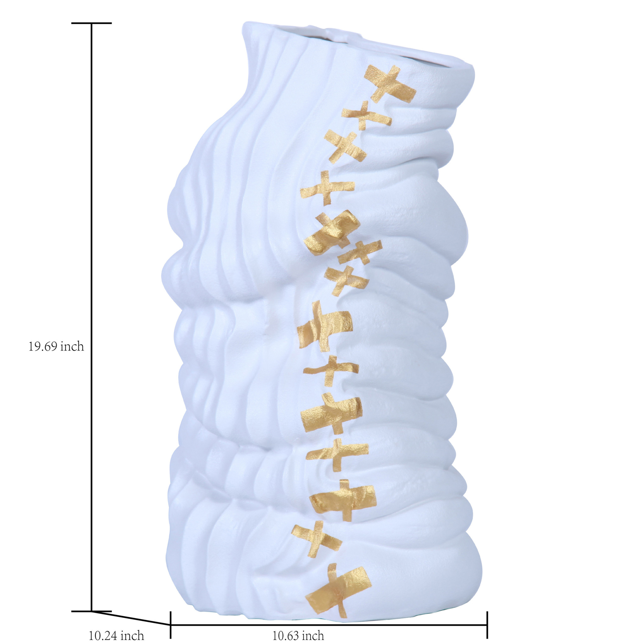 20-inch White and Gold Abstract Ceramic Vase with Sculptural Detailing