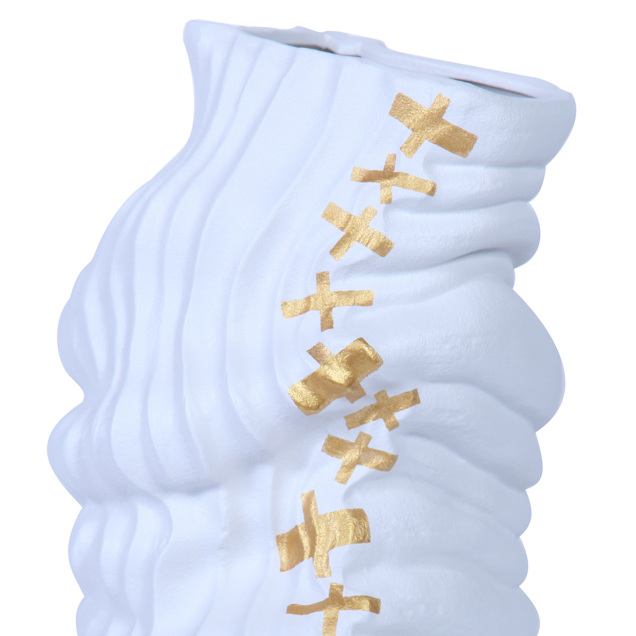 20-inch White and Gold Abstract Ceramic Vase with Sculptural Detailing