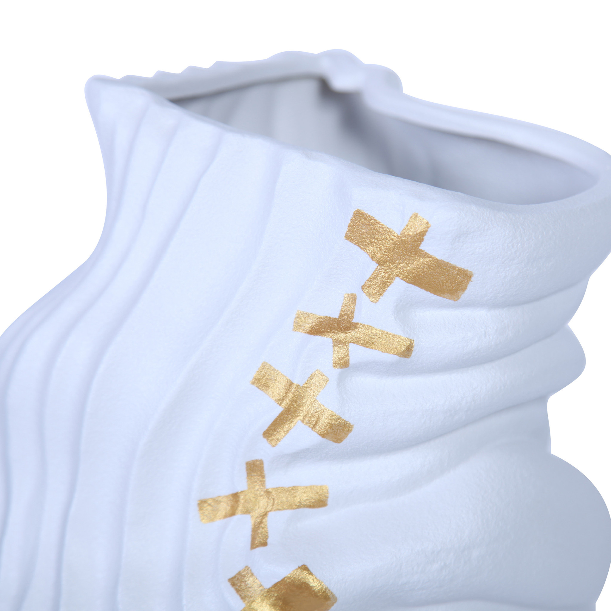 20-inch White and Gold Abstract Ceramic Vase with Sculptural Detailing