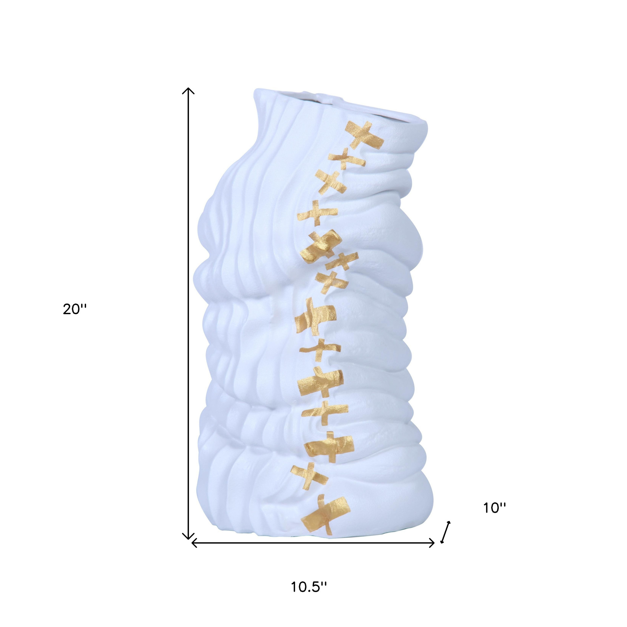 20-inch White and Gold Abstract Ceramic Vase with Sculptural Detailing