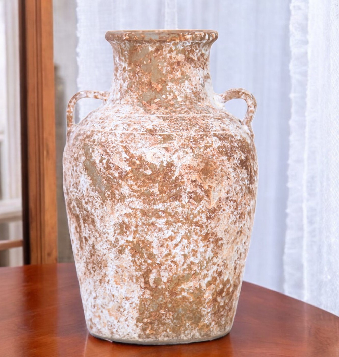 12-inch Terracotta and White Abstract Amphora Ceramic Vase