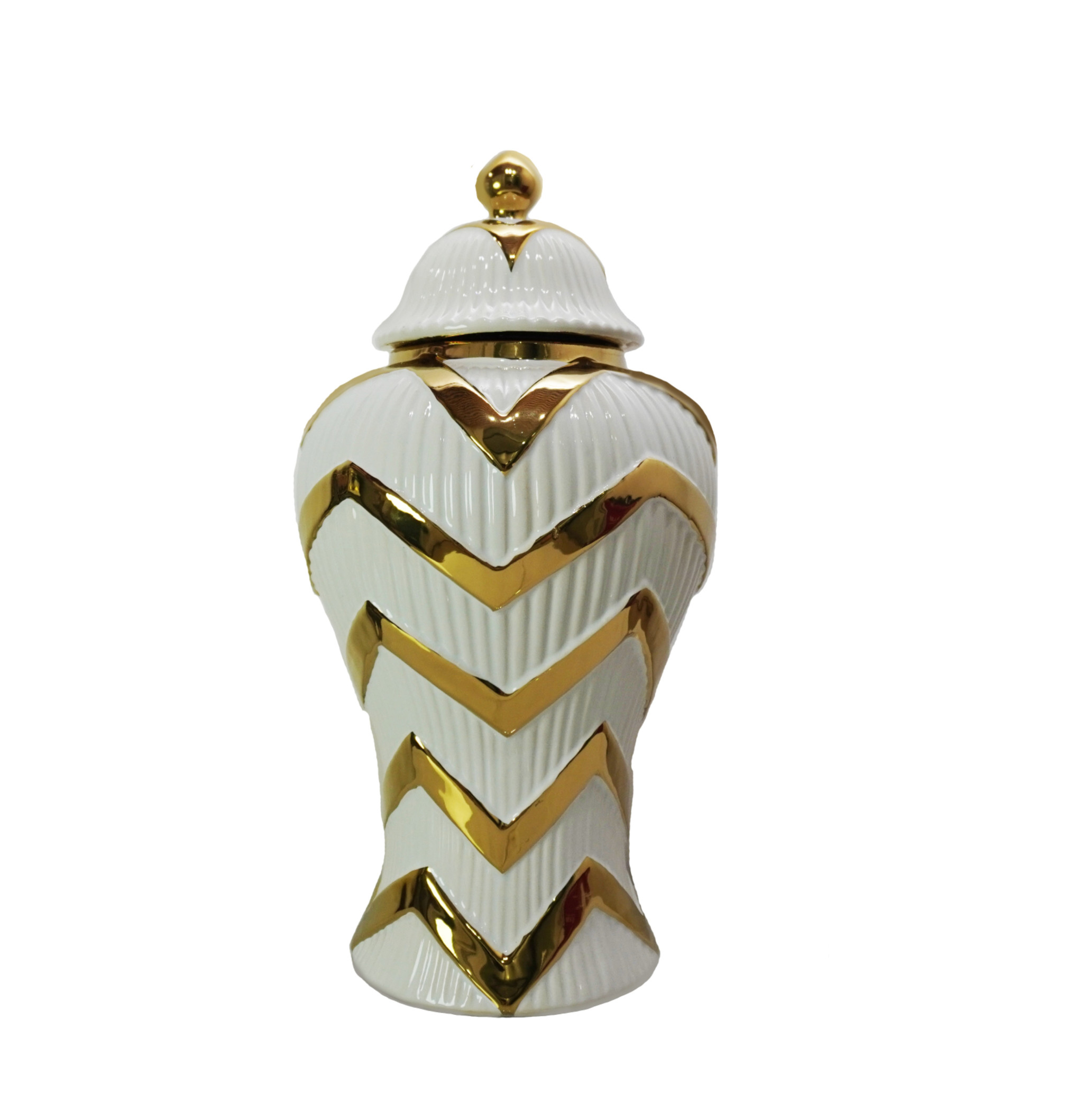 18-inch White and Gold Chevron Ceramic Urn Jar