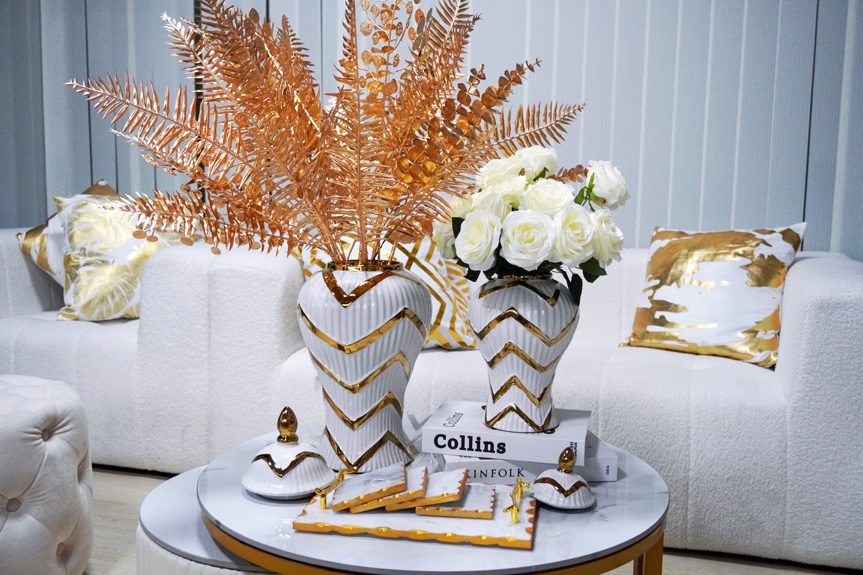 18-inch White and Gold Chevron Ceramic Urn Jar