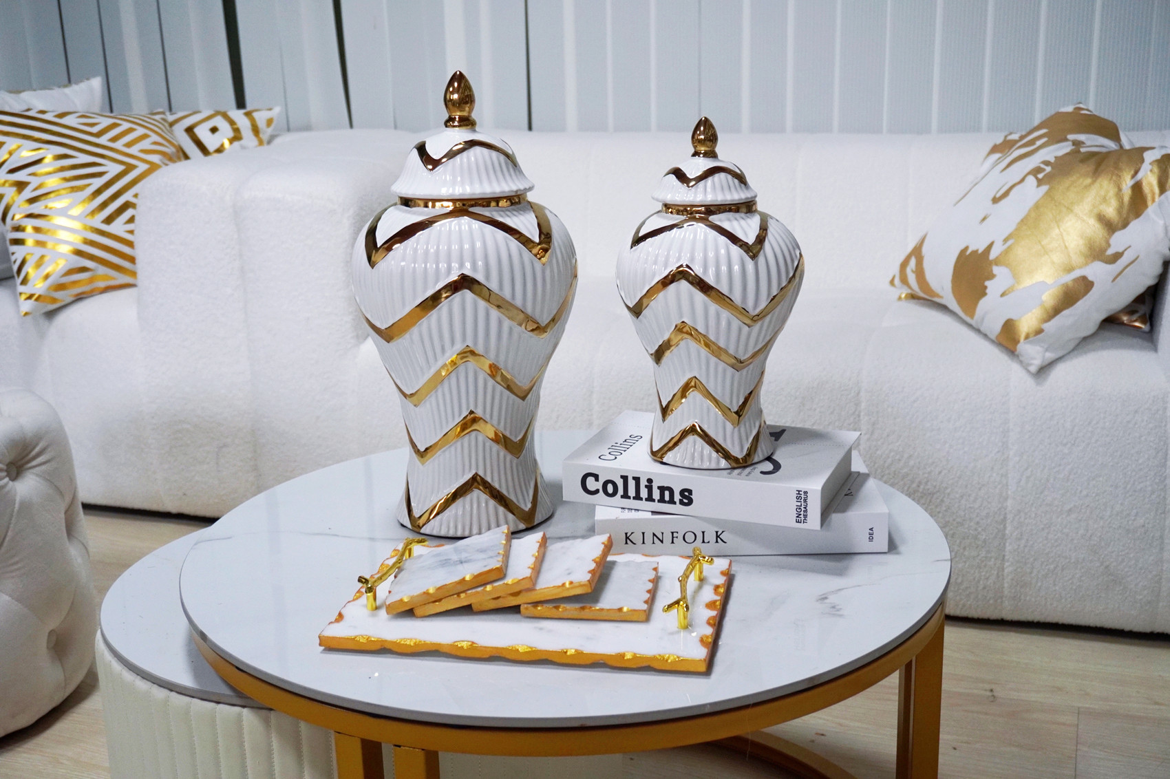 18-inch White and Gold Chevron Ceramic Urn Jar