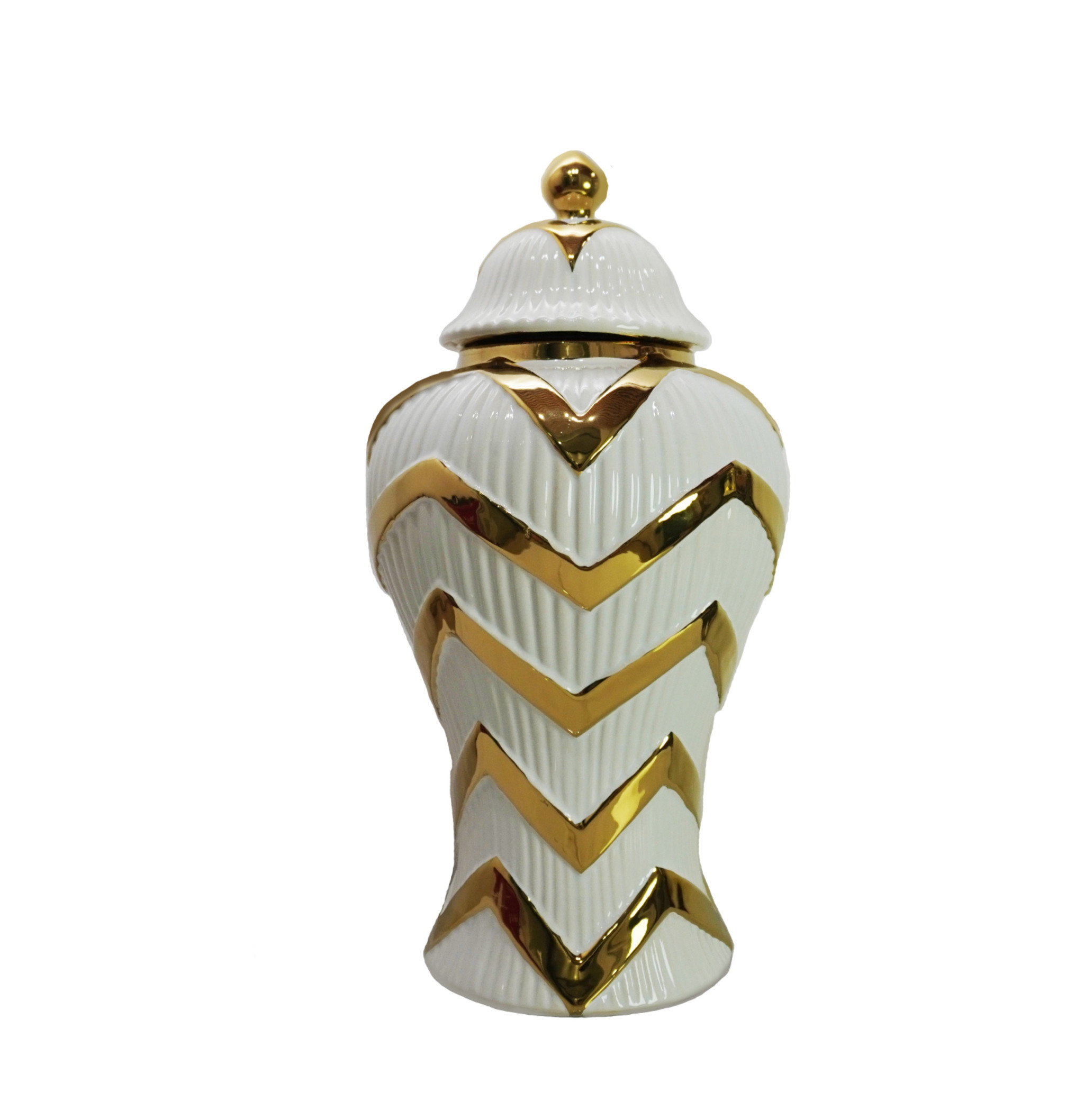 18-inch White and Gold Chevron Ceramic Urn Jar