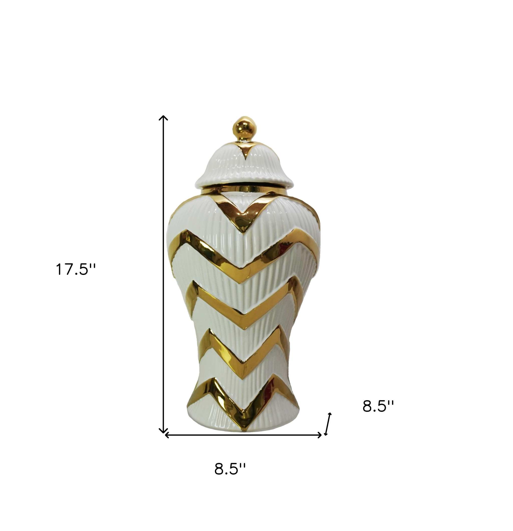 18-inch White and Gold Chevron Ceramic Urn Jar