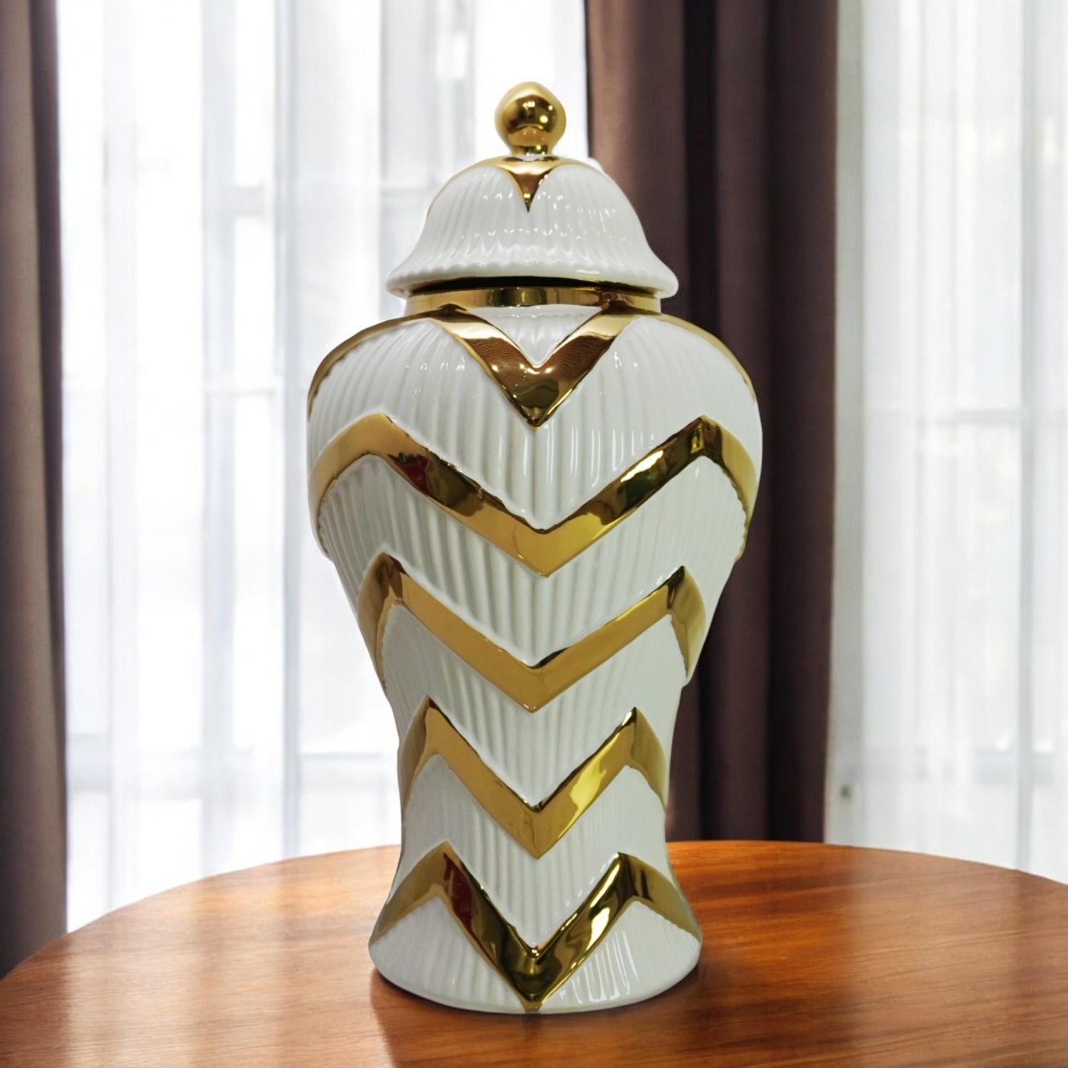 18-inch White and Gold Chevron Ceramic Urn Jar