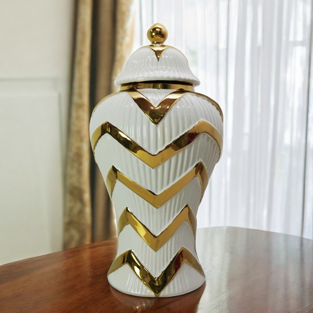 13-inch White and Gold Chevron Ceramic Urn Jar