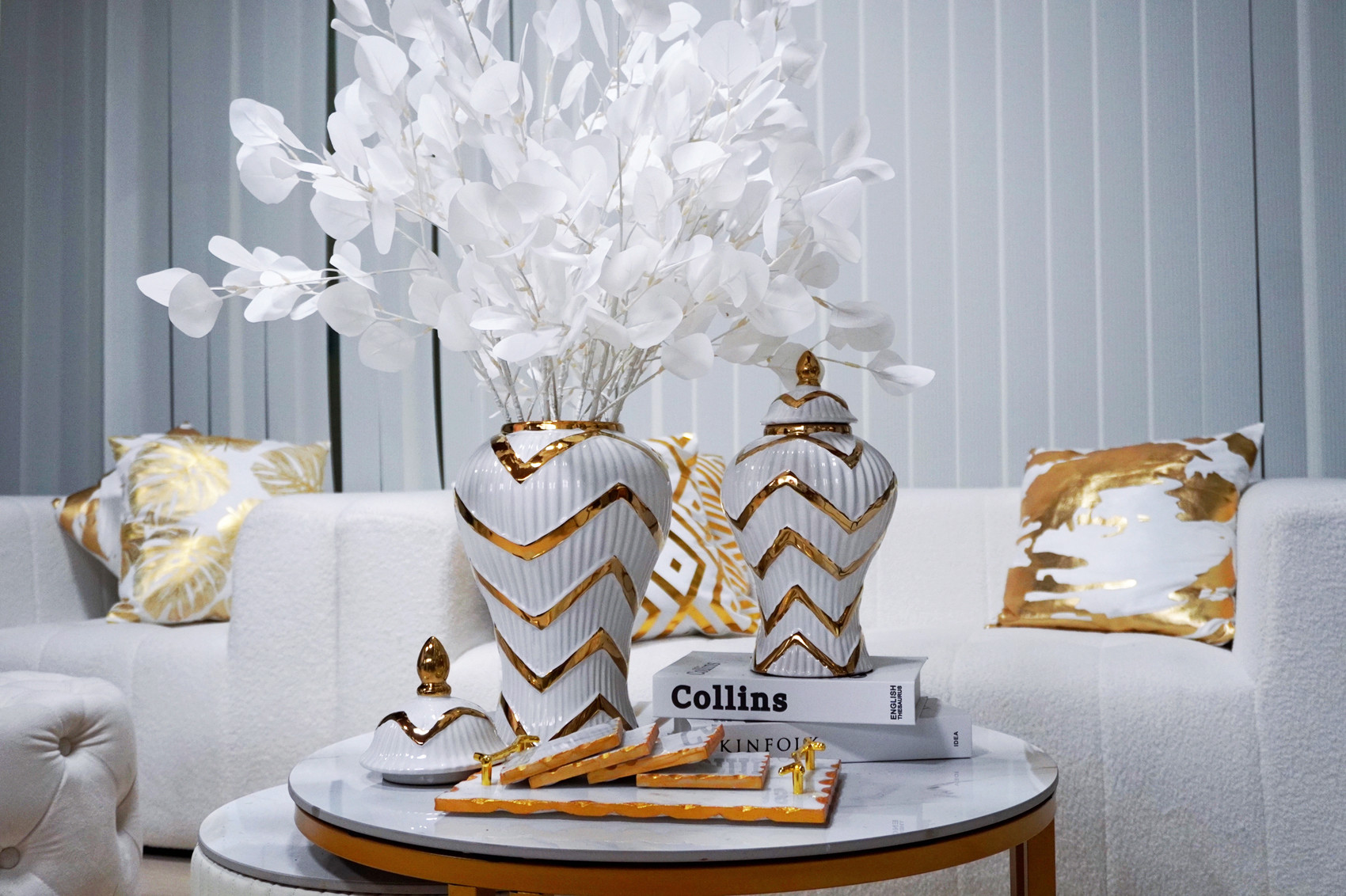 13-inch White and Gold Chevron Ceramic Urn Jar