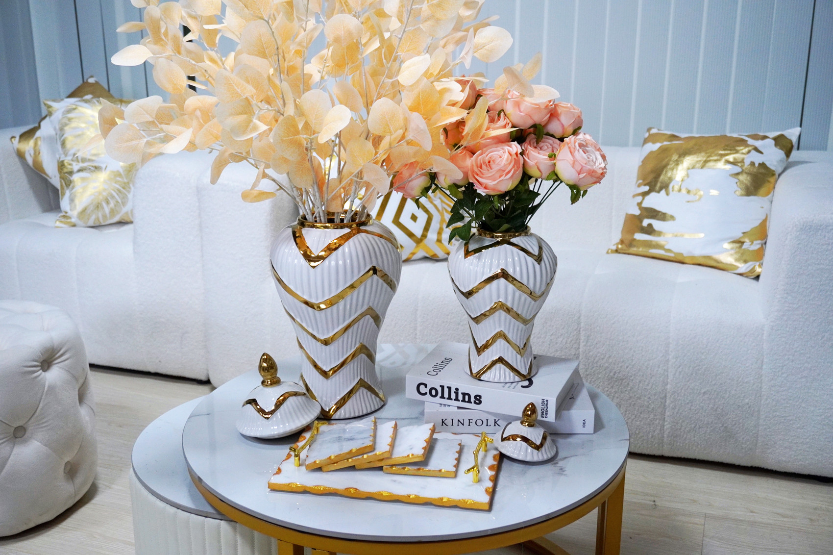 13-inch White and Gold Chevron Ceramic Urn Jar