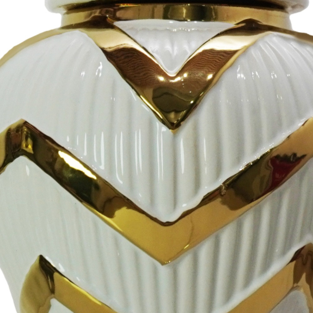 13-inch White and Gold Chevron Ceramic Urn Jar