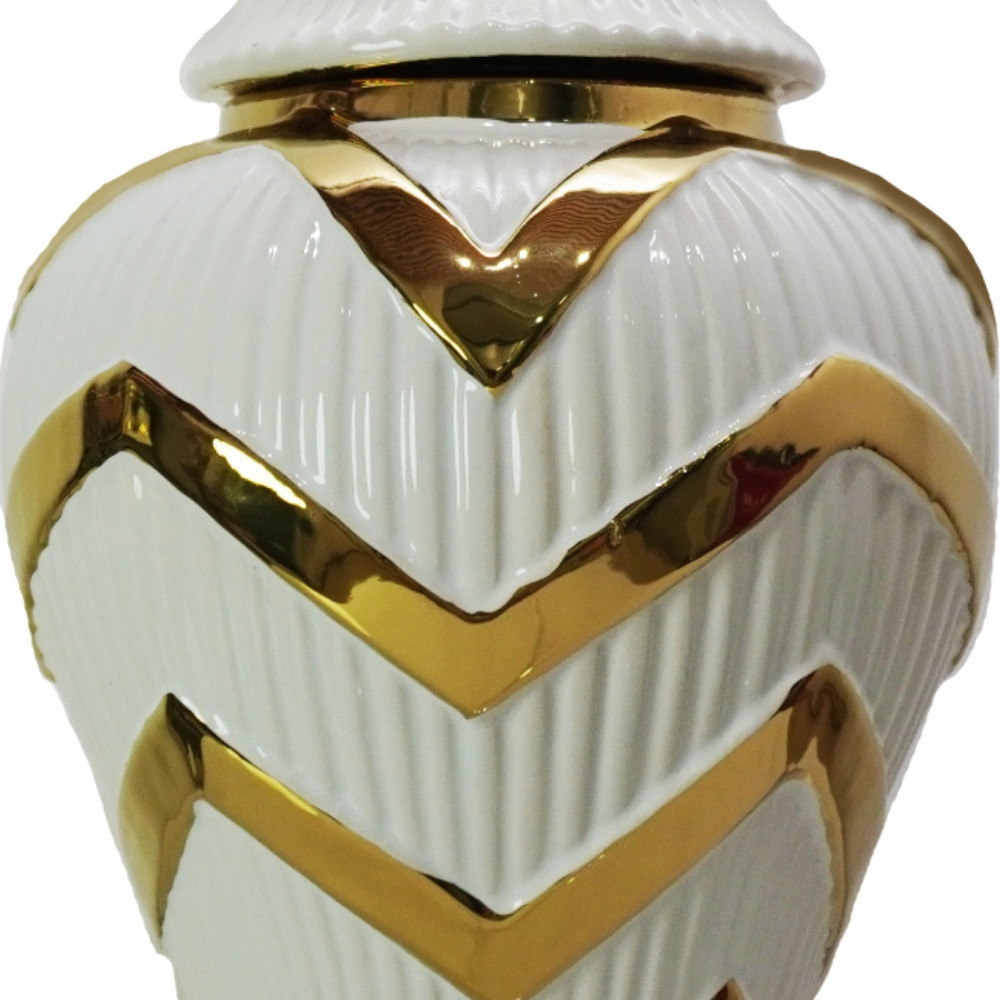 13-inch White and Gold Chevron Ceramic Urn Jar