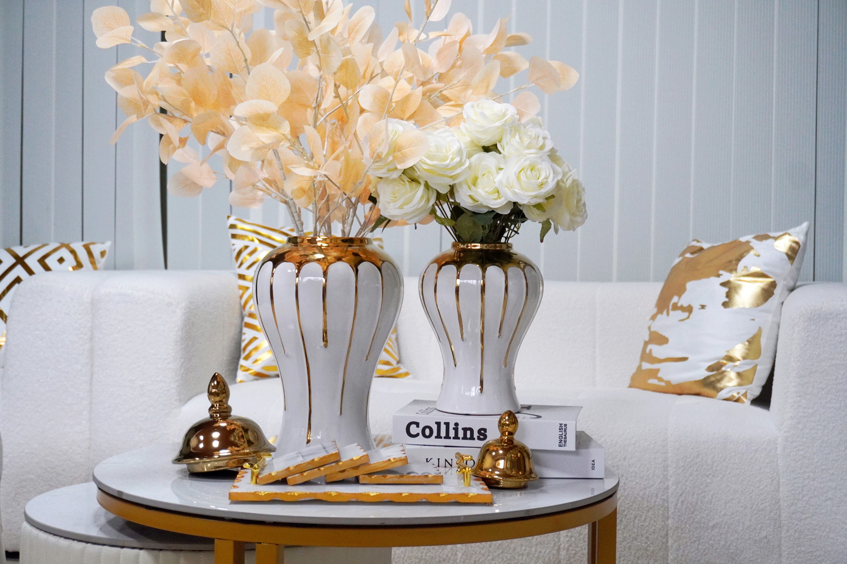 13-inch White and Gold Abstract Ceramic Urn Jar