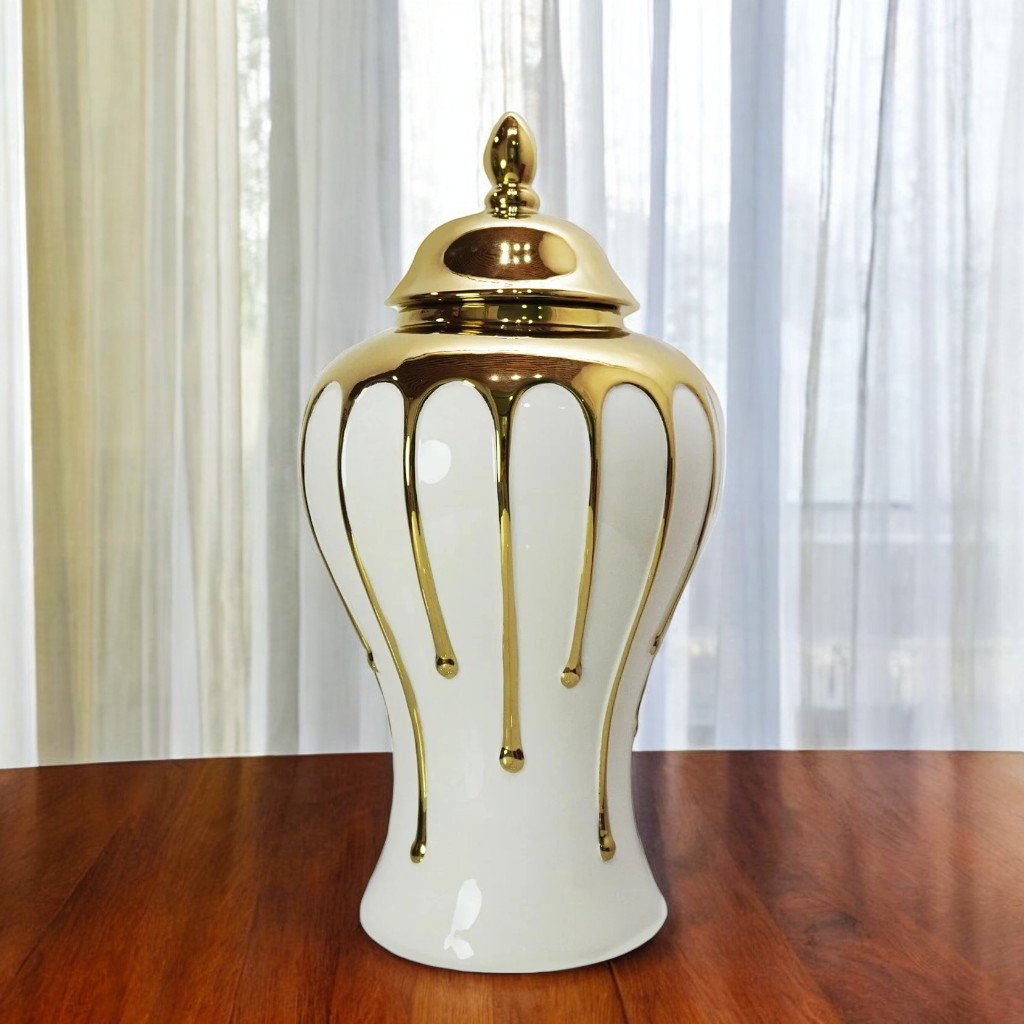 13-inch White and Gold Abstract Ceramic Urn Jar