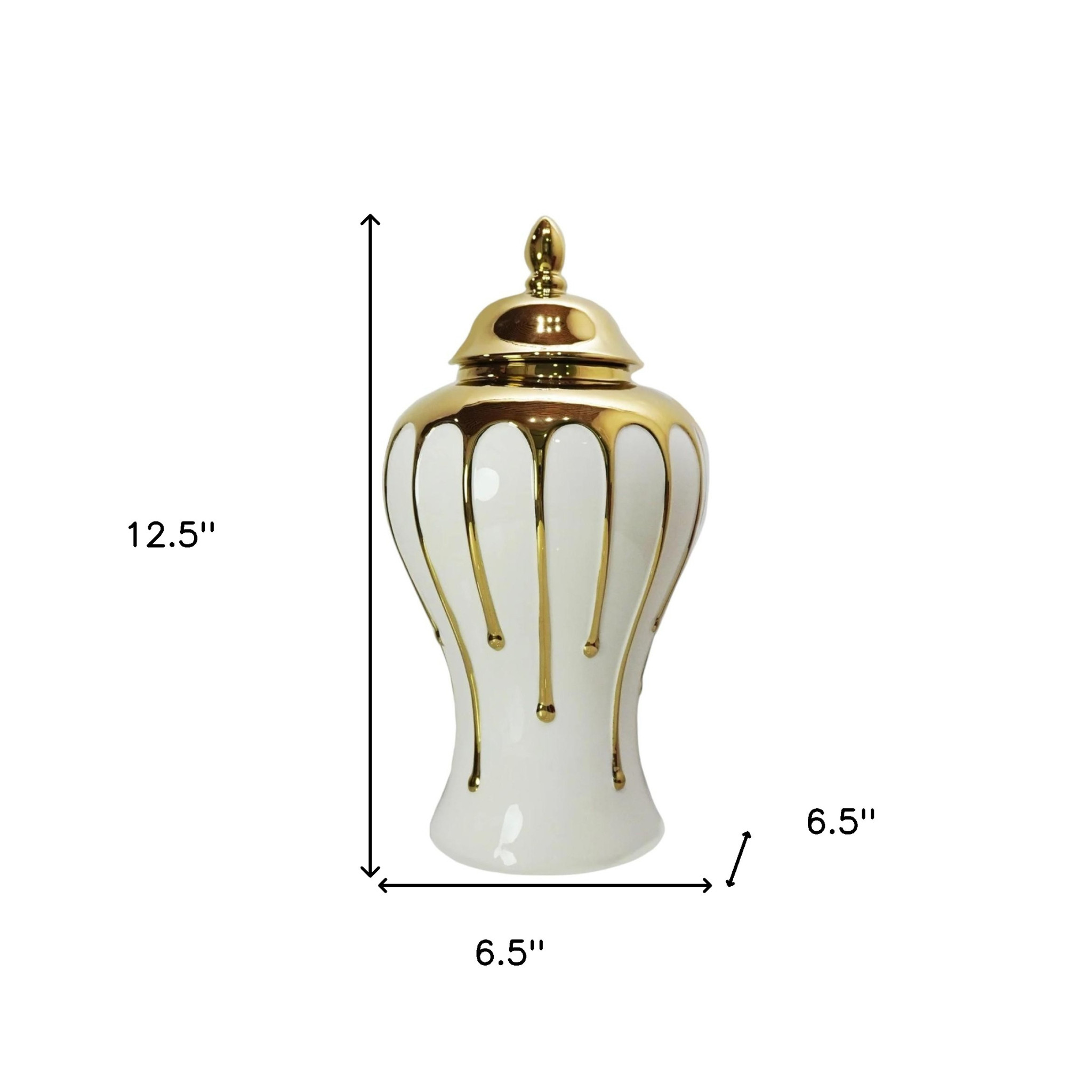 13-inch White and Gold Abstract Ceramic Urn Jar