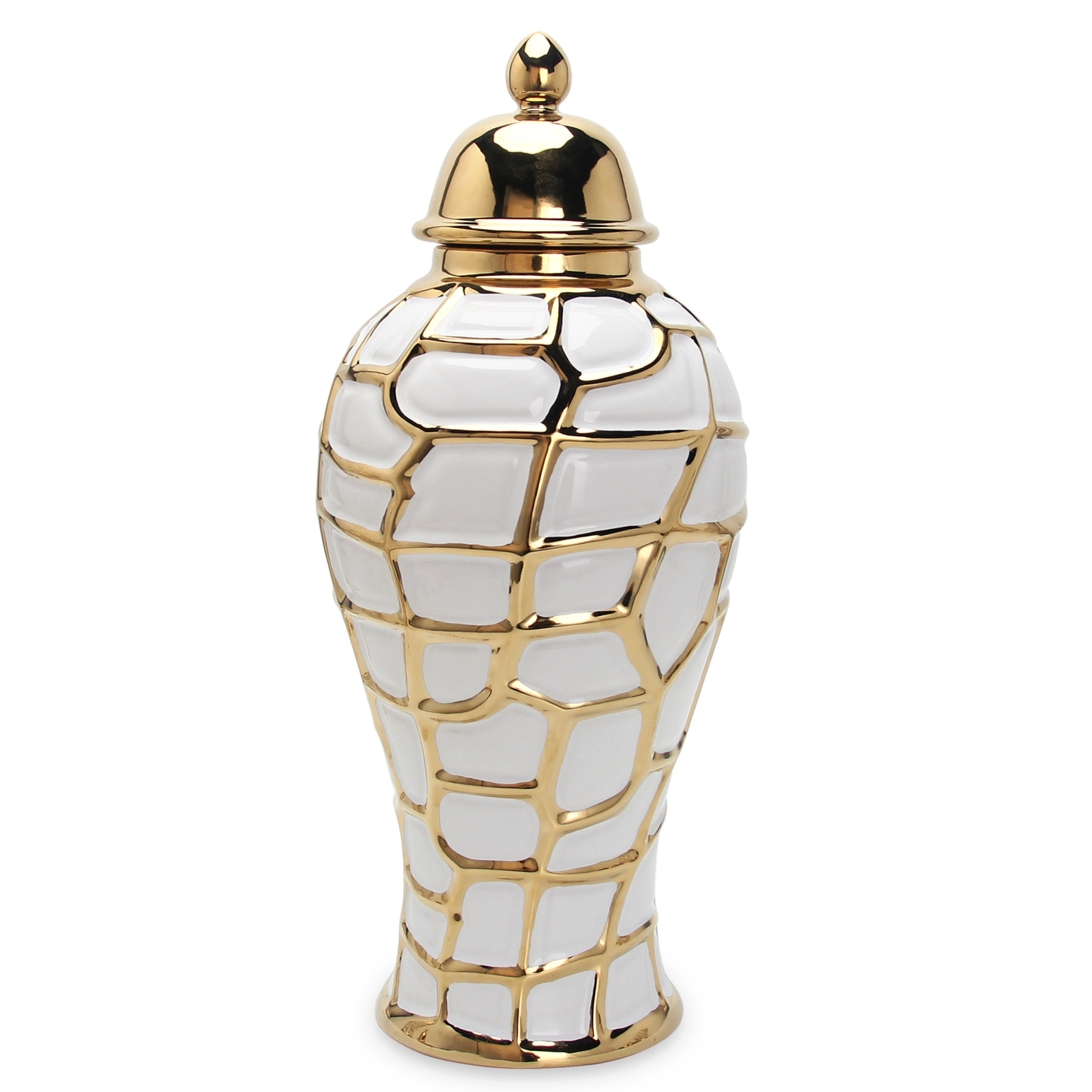 16-inch White and Gold Abstract Ceramic Urn Jar