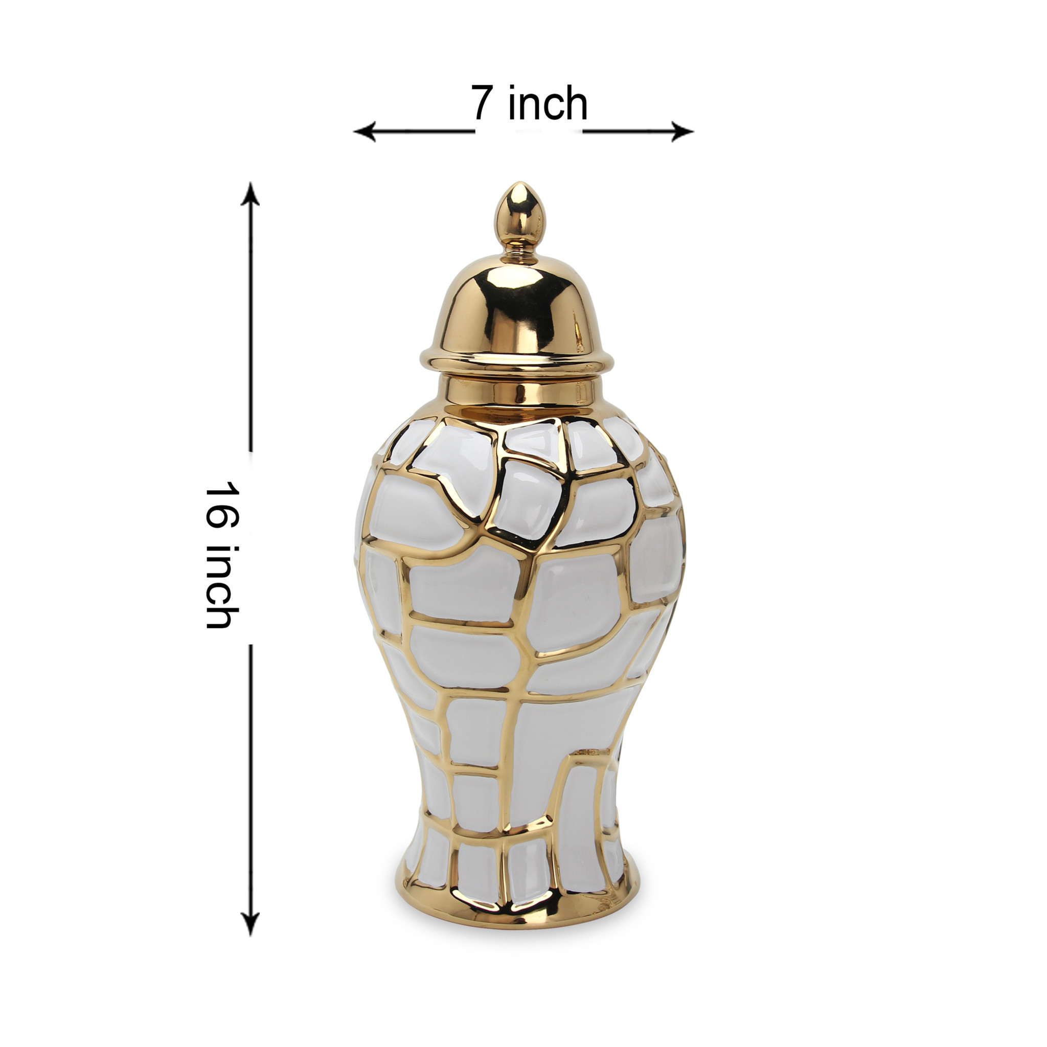 16-inch White and Gold Abstract Ceramic Urn Jar