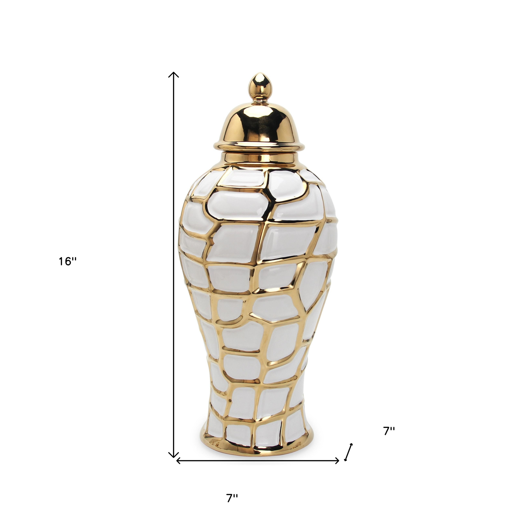 16-inch White and Gold Abstract Ceramic Urn Jar