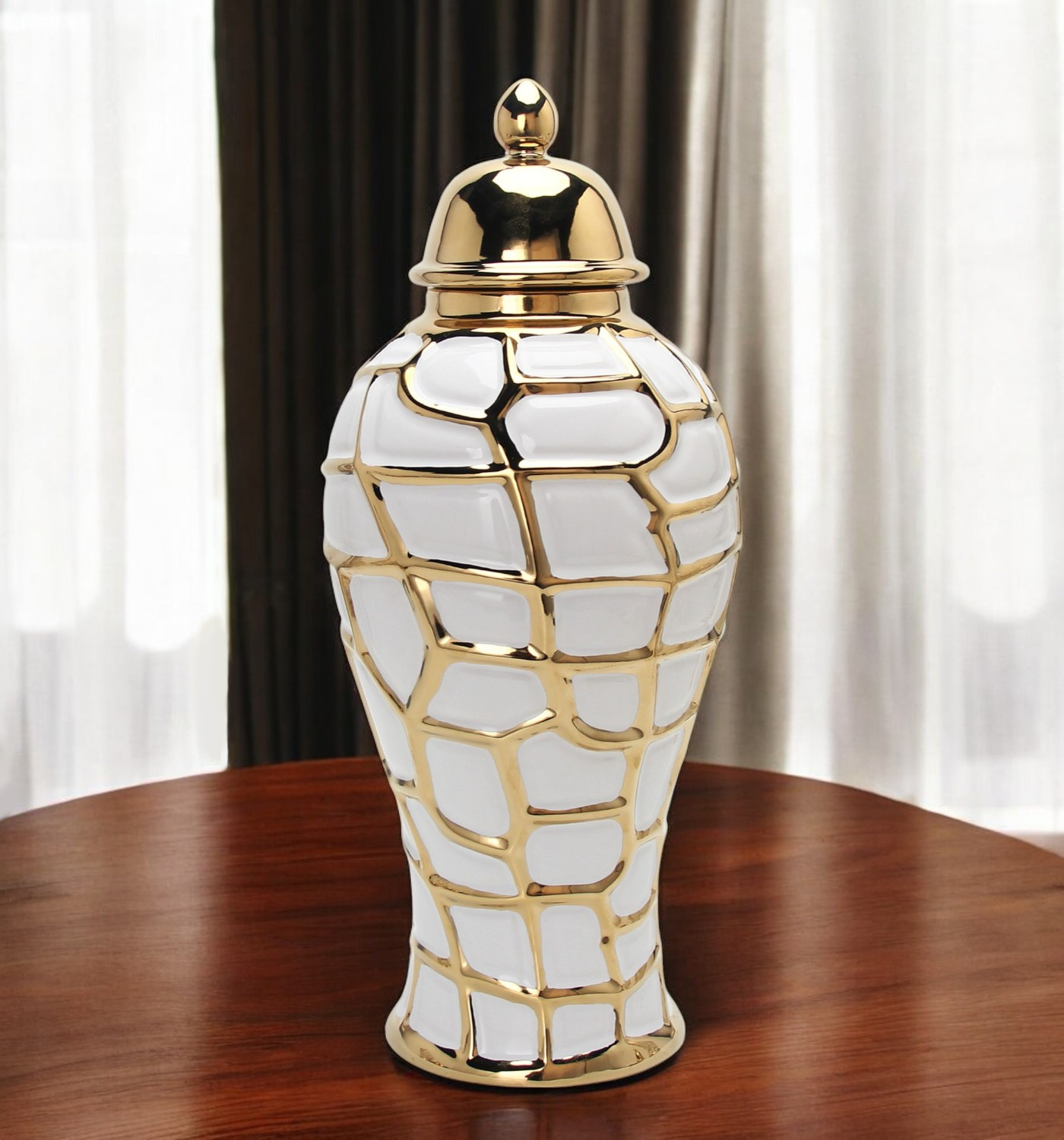 16-inch White and Gold Abstract Ceramic Urn Jar