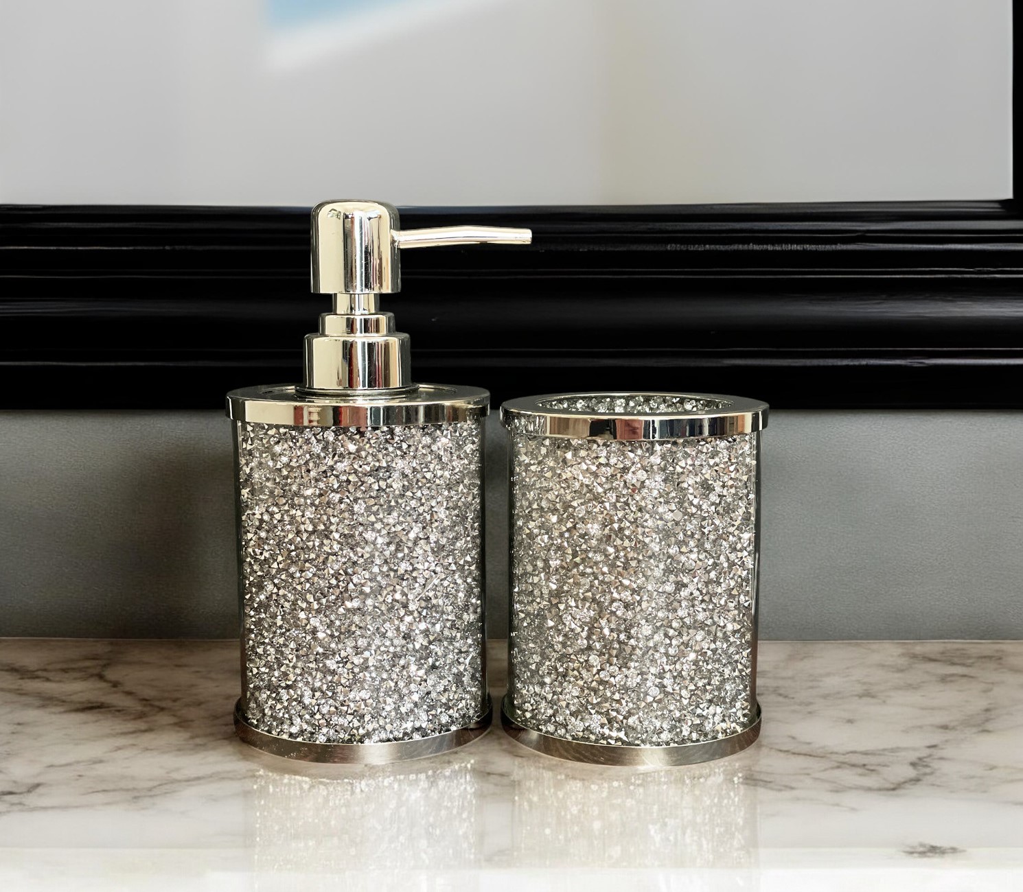 Two Piece Clear and Silver Glass and Metal Bling Bathroom Accessory Set