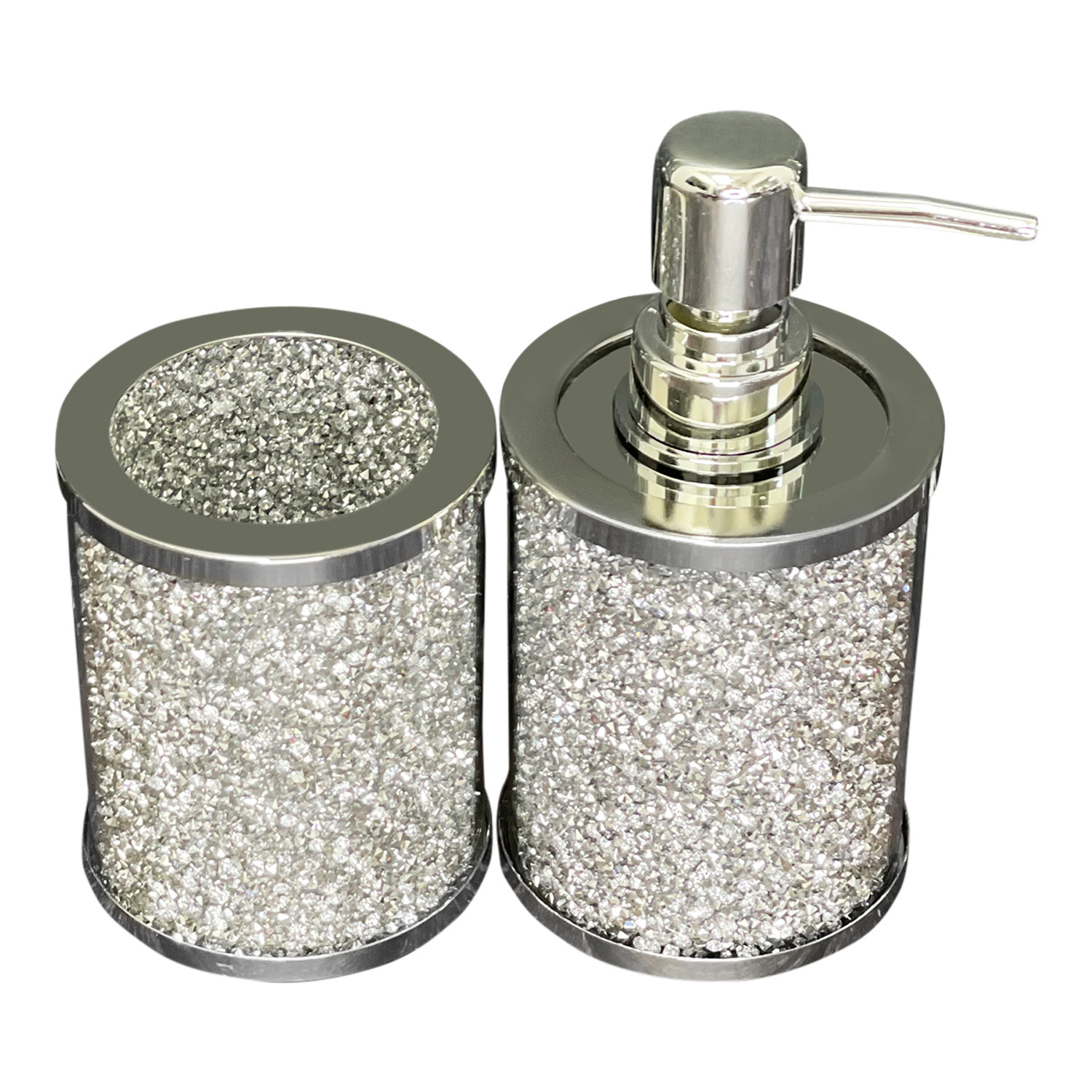 Two Piece Clear and Silver Glass and Metal Bling Bathroom Accessory Set