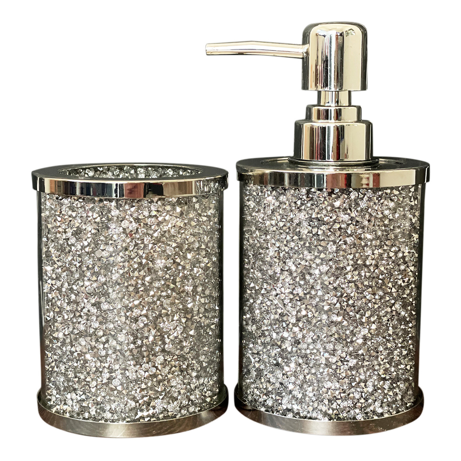 Two Piece Clear and Silver Glass and Metal Bling Bathroom Accessory Set