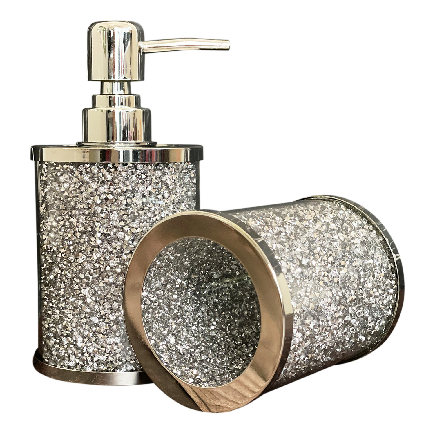 Two Piece Clear and Silver Glass and Metal Bling Bathroom Accessory Set