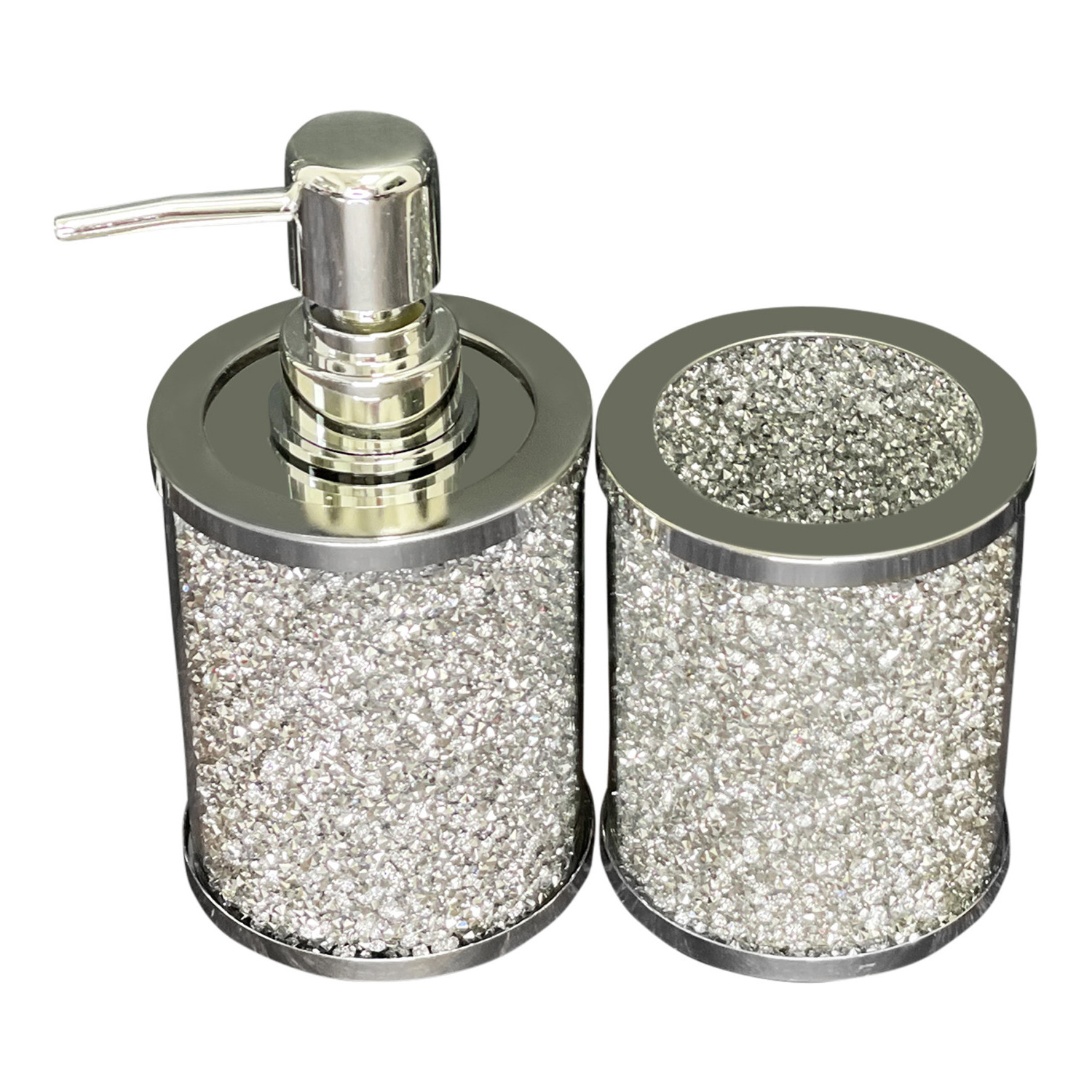 Two Piece Clear and Silver Glass and Metal Bling Bathroom Accessory Set