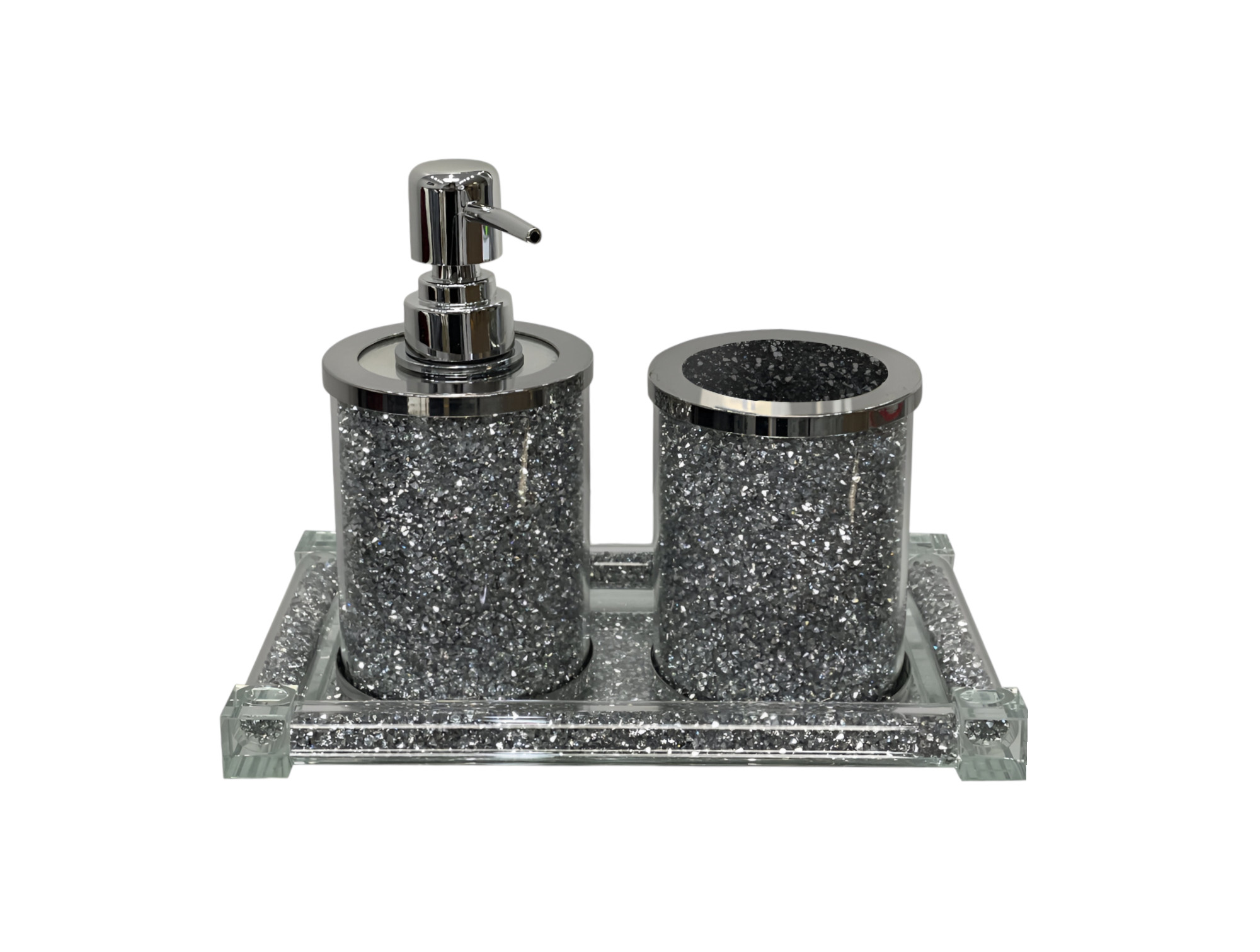 Three Piece Clear And Silver Glass Bling Bathroom Accessory Set