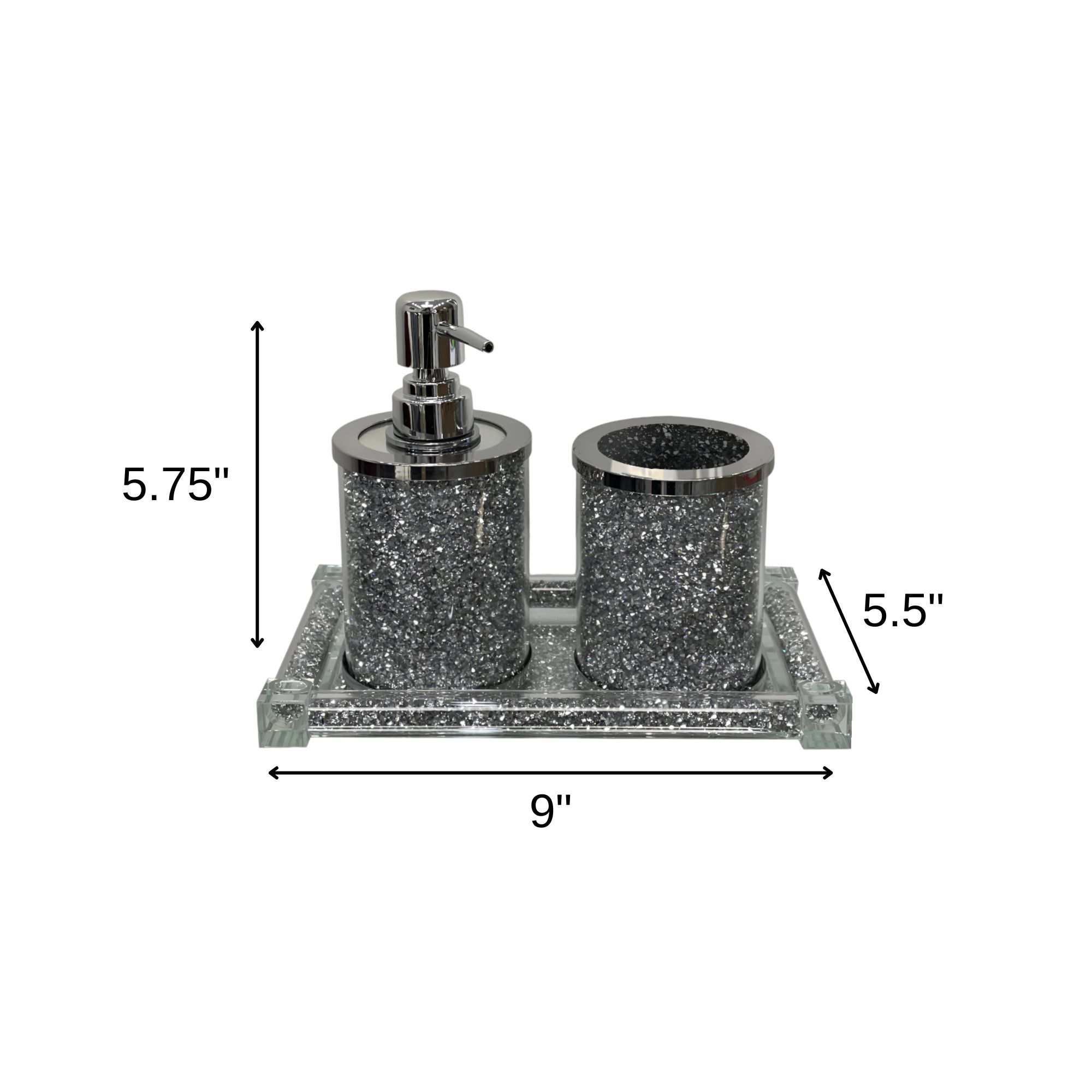 Three Piece Clear And Silver Glass Bling Bathroom Accessory Set