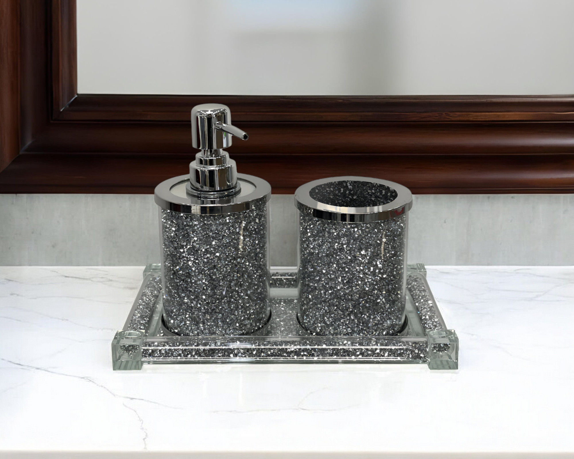 Three Piece Clear And Silver Glass Bling Bathroom Accessory Set