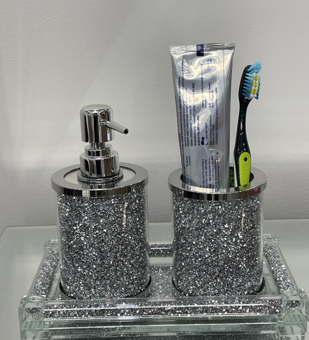 Three Piece Clear And Silver Glass Bling Bathroom Accessory Set
