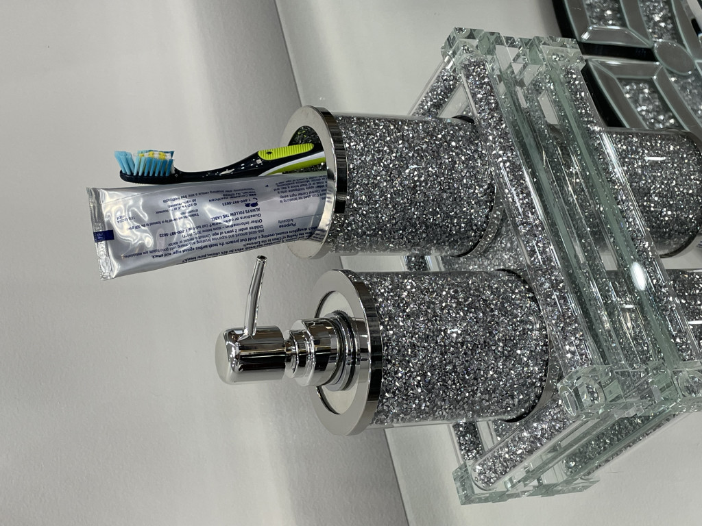 Three Piece Clear And Silver Glass Bling Bathroom Accessory Set