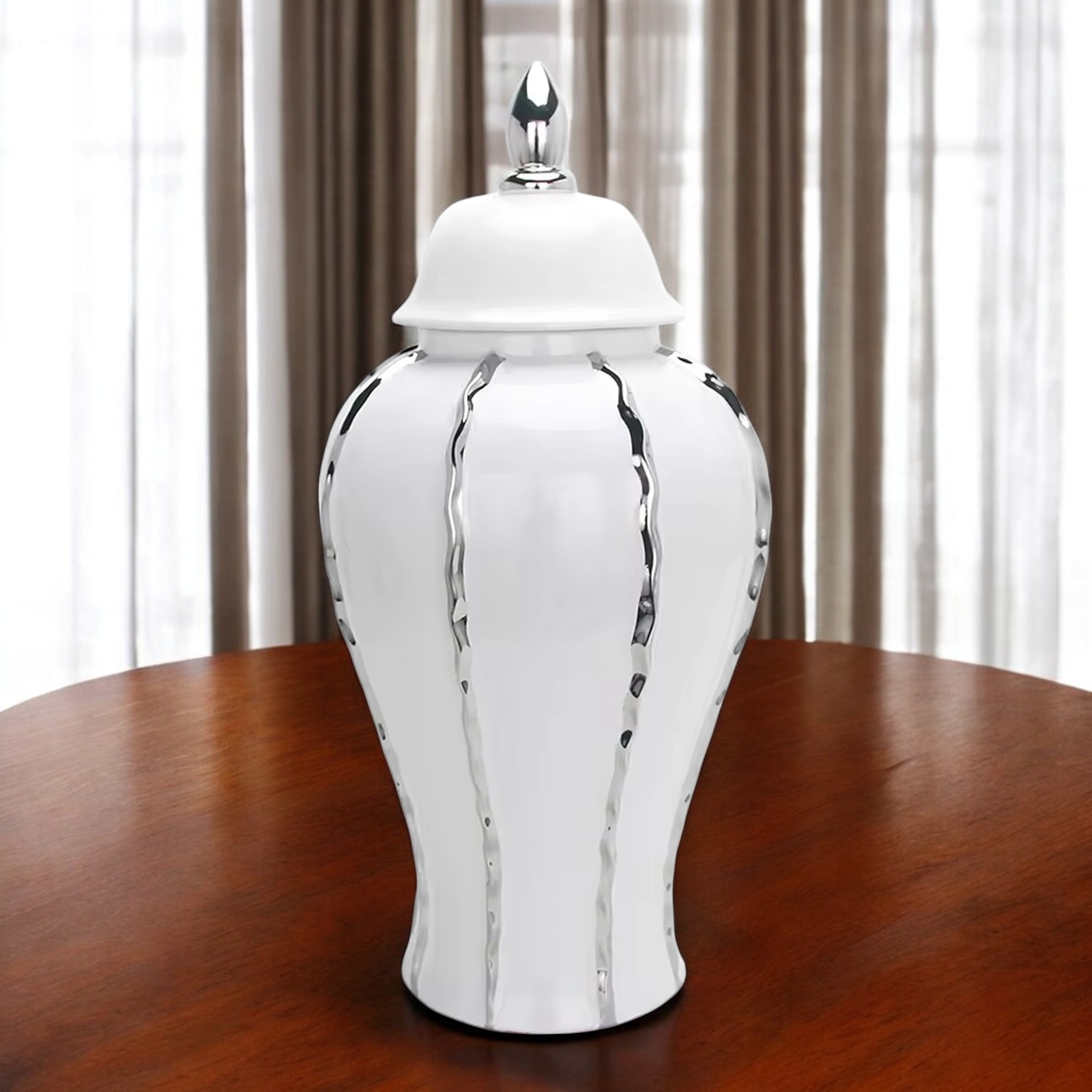 25-inch White and Silver Striped Crystal Urn Jar