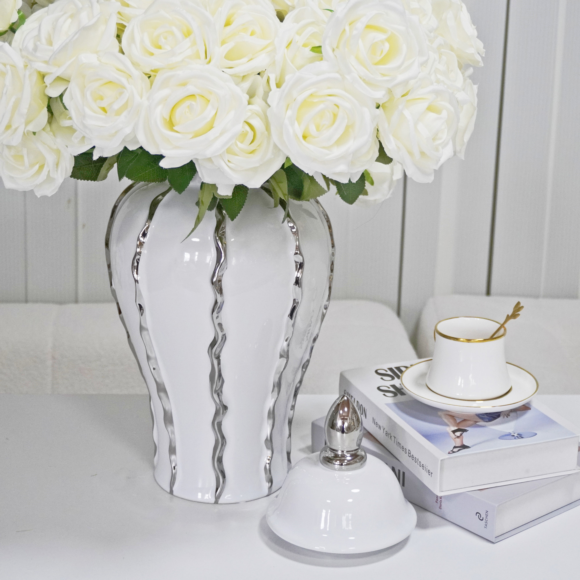 25-inch White and Silver Striped Crystal Urn Jar