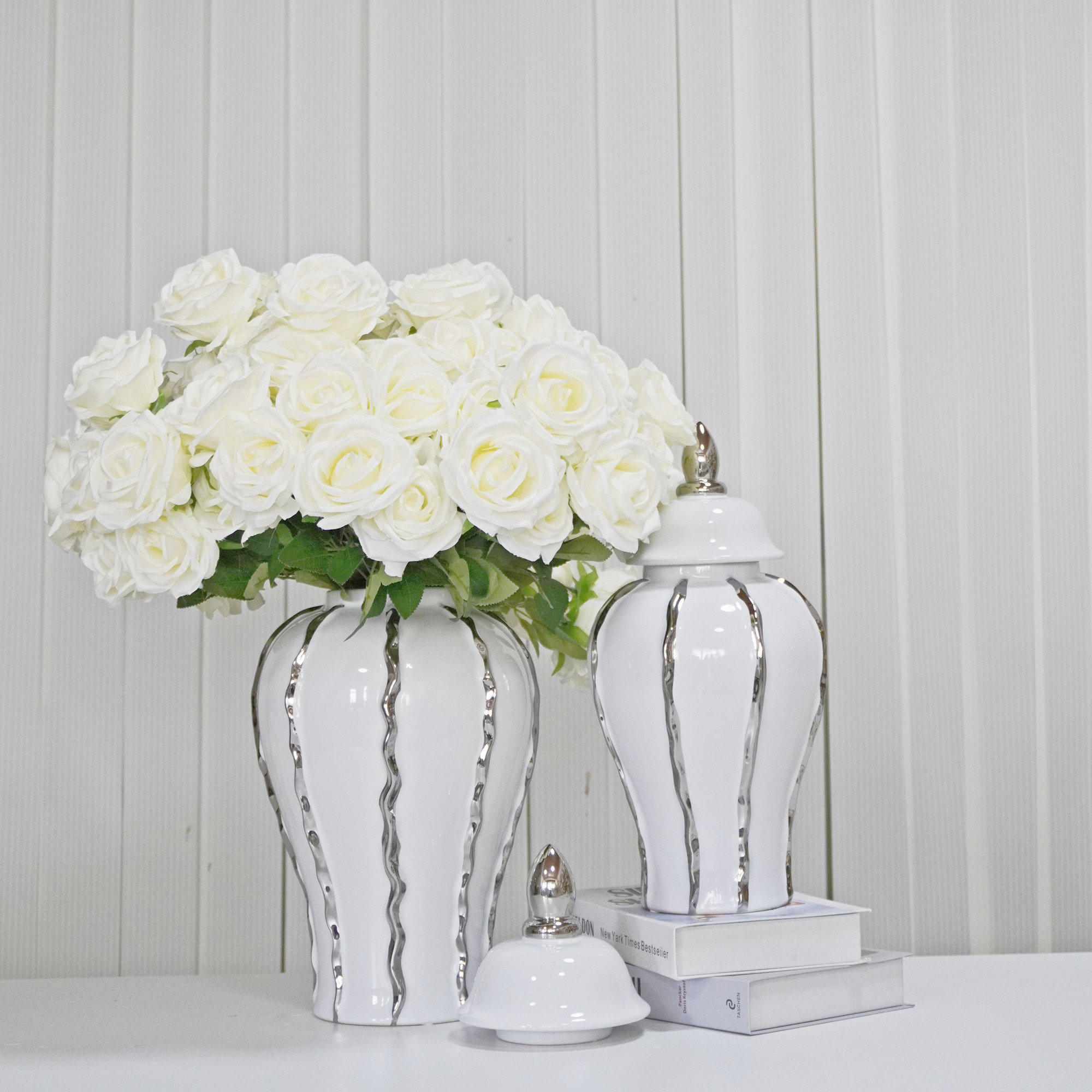 25-inch White and Silver Striped Crystal Urn Jar