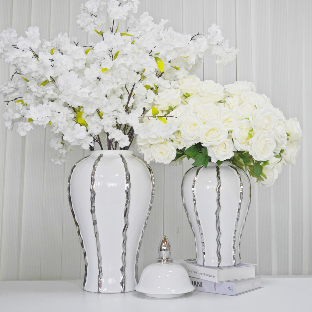 25-inch White and Silver Striped Crystal Urn Jar