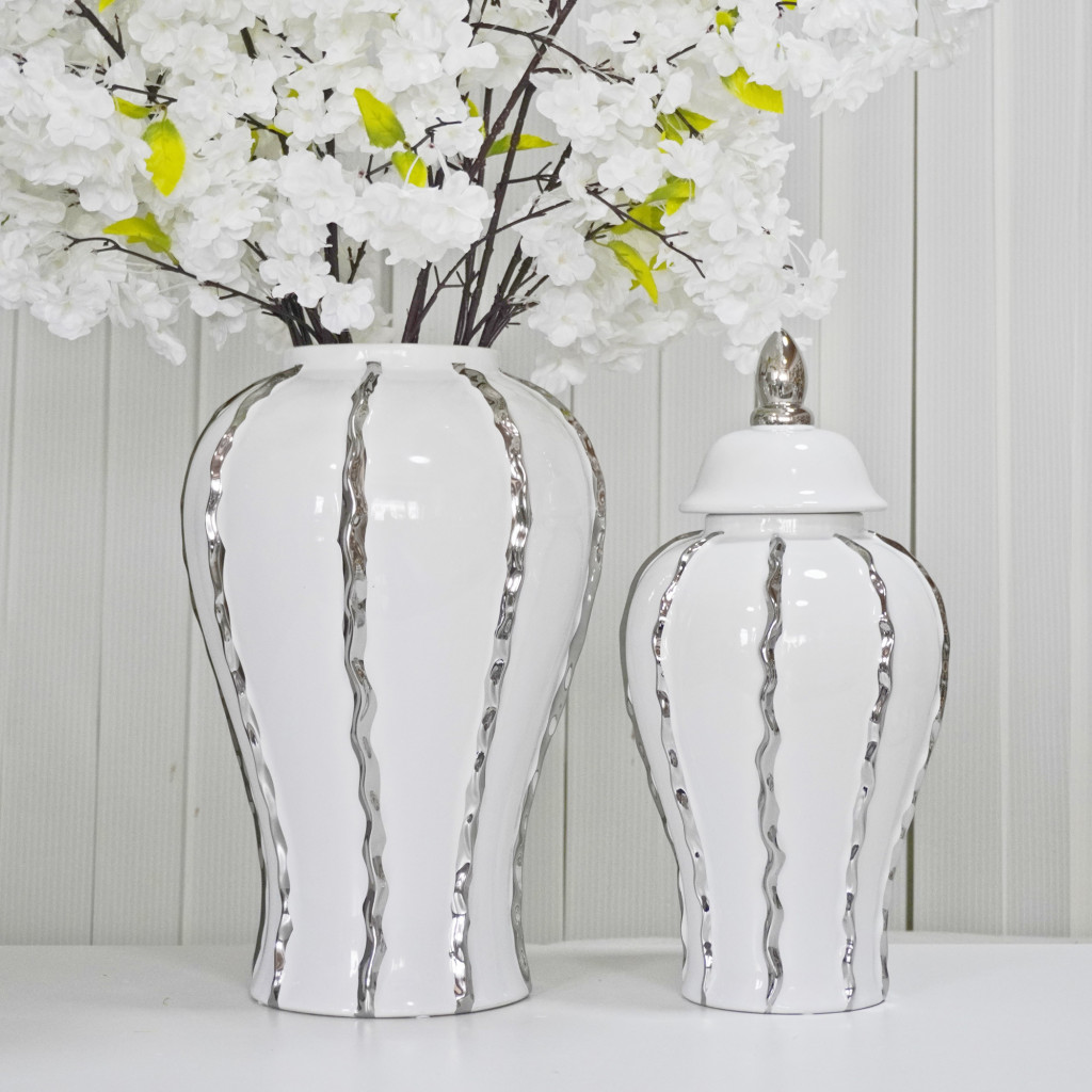 25-inch White and Silver Striped Crystal Urn Jar