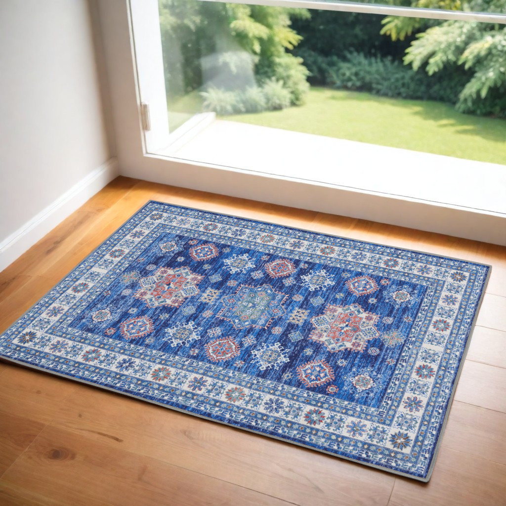 2' X 3' Ivory and Blue Oriental Distressed Non Skid Area Rug-573890-1