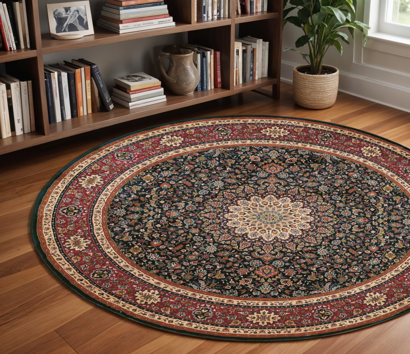8' Blue And Red Oriental Round Rug-574120-1