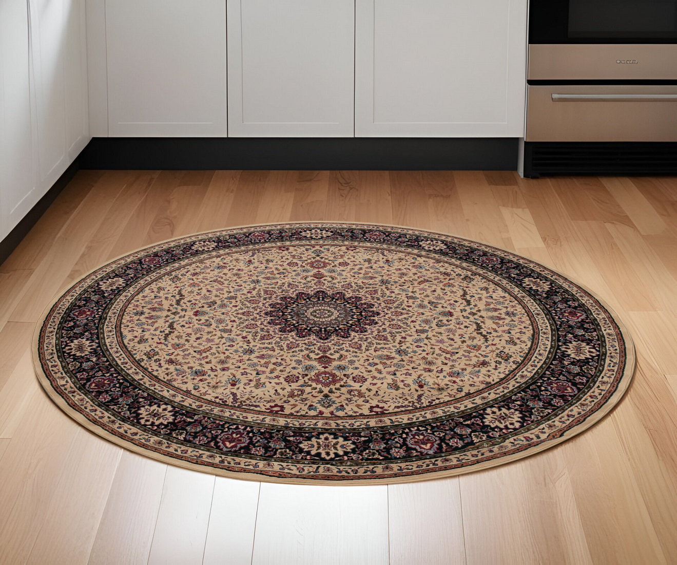 6' Ivory Black and Red Oriental Round Rug-574122-1