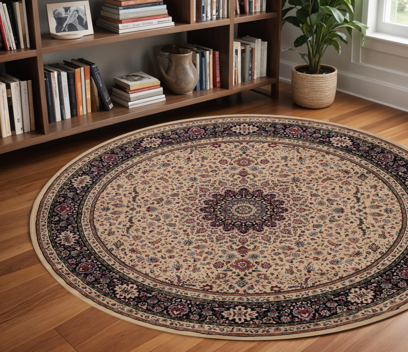 8' Ivory And Black Oriental Round Rug-574123-1