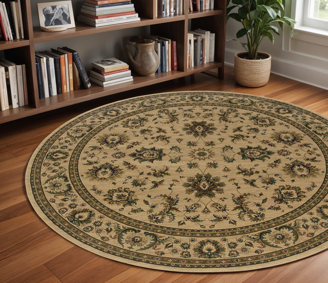 8' Ivory And Green Oriental Round Rug-574177-1