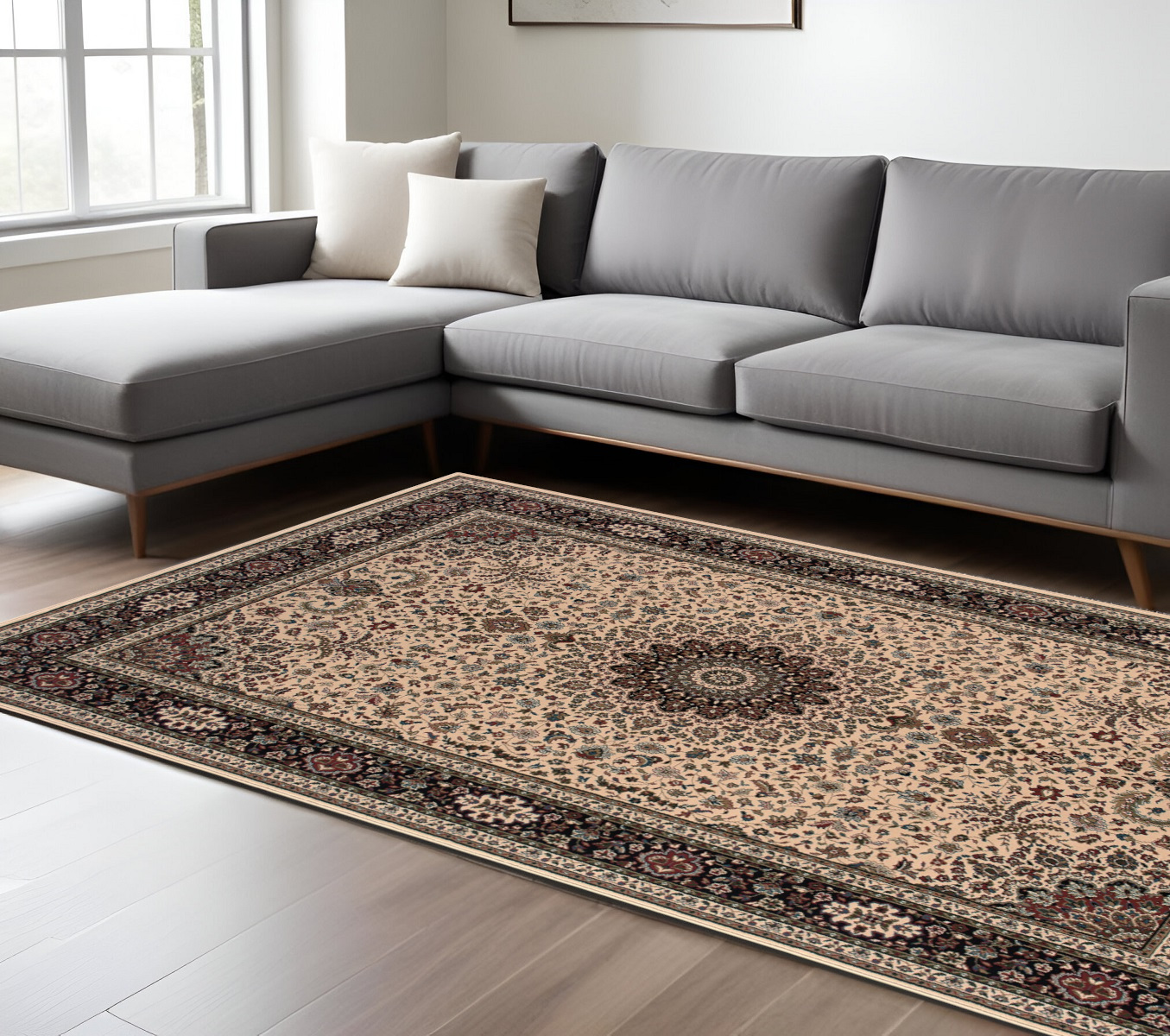 7' X 10' Ivory And Black Oriental Area Rug-574282-1