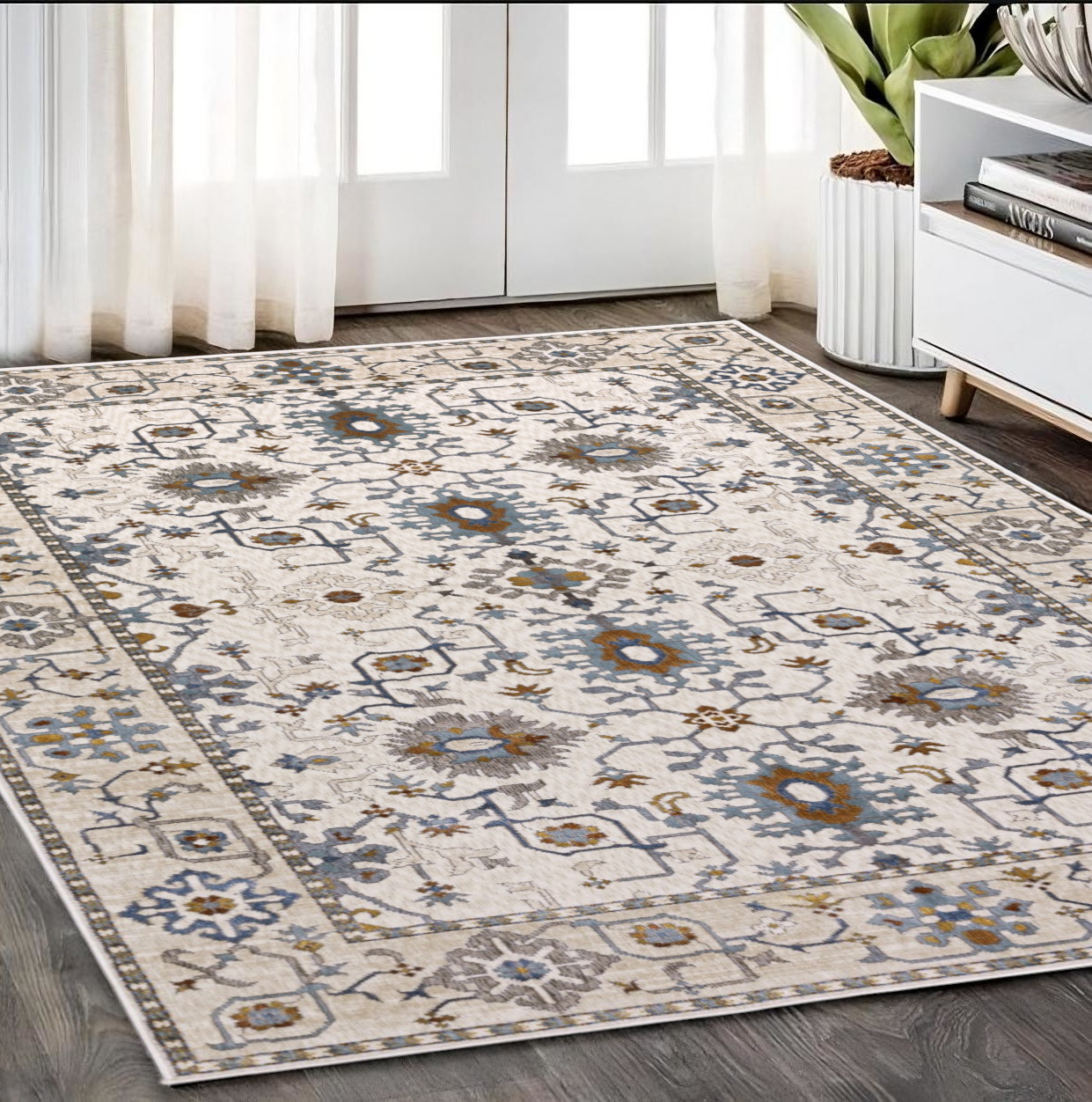 5' X 8' Ivory Burnt Orange And Blue Oriental Area Rug-574814-1