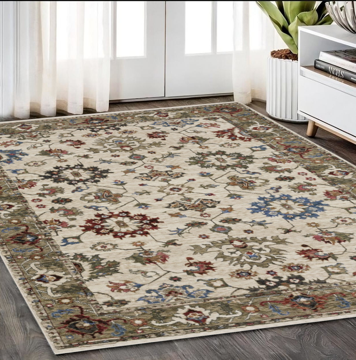 5' X 8' Ivory And Green Oriental Area Rug With Fringe-574905-1