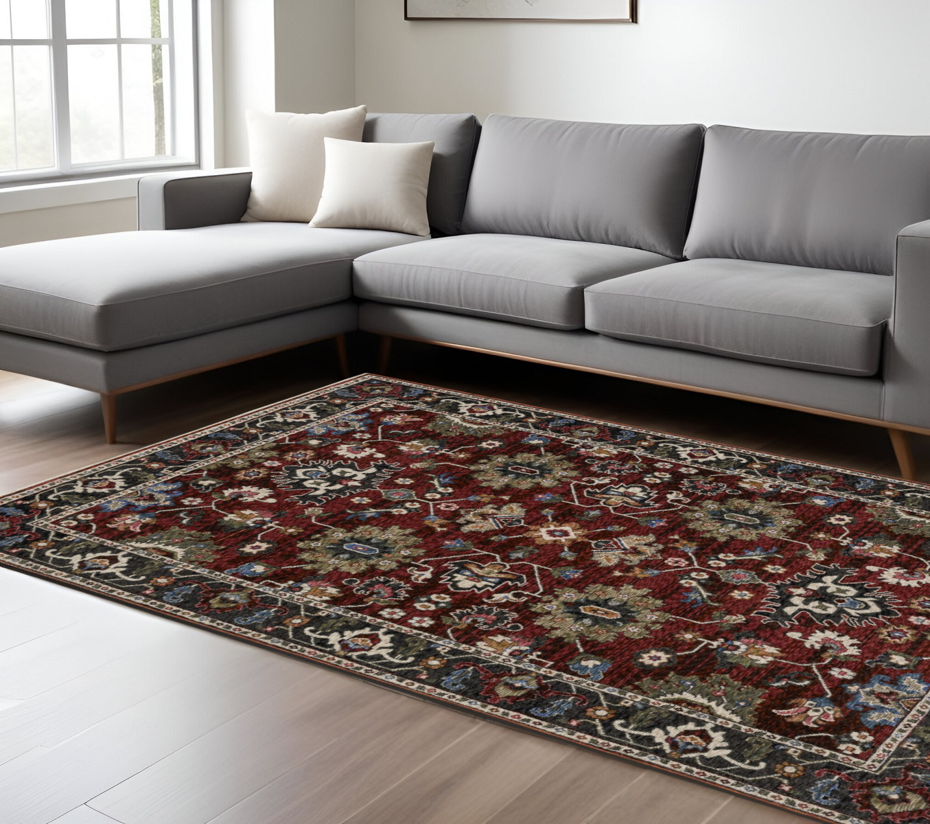 10' X 13' Red Blue And Charcoal Oriental Area Rug With Fringe-574906-1
