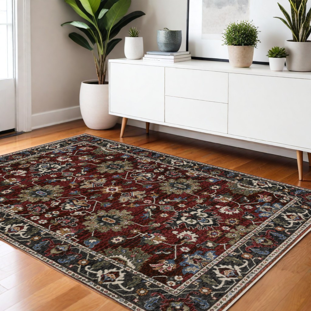 4' X 6' Red Blue And Charcoal Oriental Area Rug With Fringe-574907-1