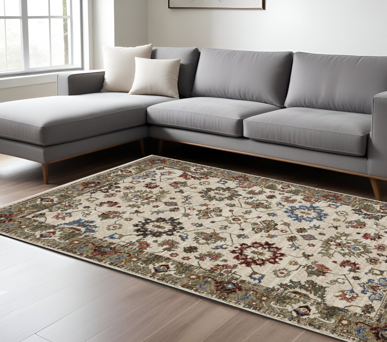 7' X 10' Ivory And Green Oriental Area Rug With Fringe-574913-1