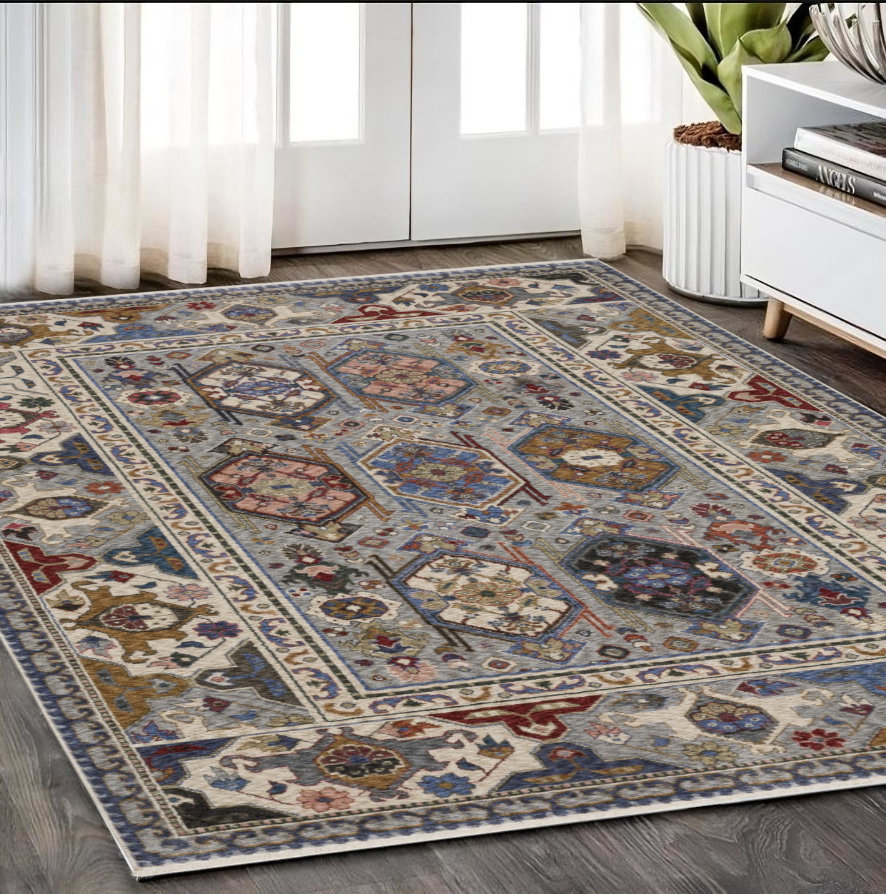 5' X 8' Blue And Gray Oriental Area Rug With Fringe-574935-1